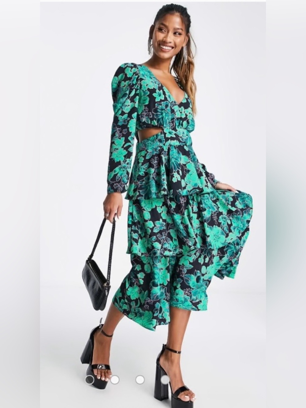 Topshop Size 14 Long Sleeved Tiered Midi Dress with Cut Outs- Vibrant Print